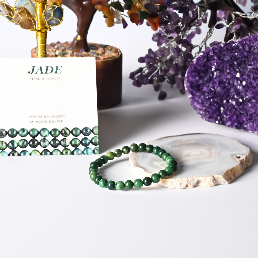 Visual representation of harmony and prosperity associated with the Jade Stretch Bracelet, radiating positive energy and abundance