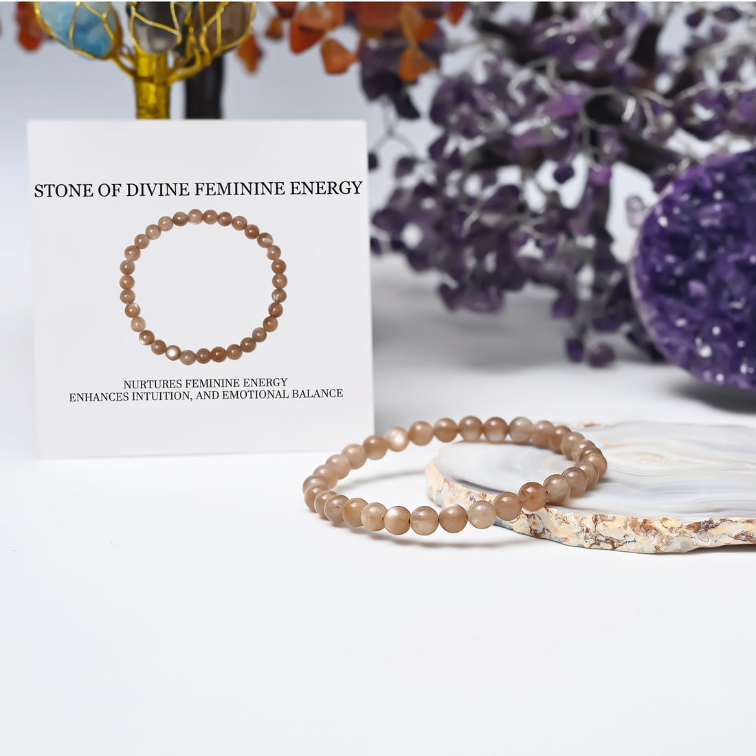 Artistic representation symbolizing divine feminine energy, featuring the Chocolate Moonstone Bracelet as a source of empowerment, intuition, and emotional balance.