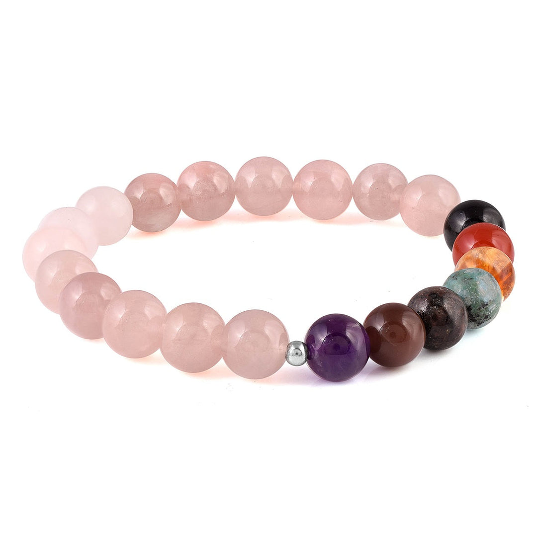 Close-up view of 8mm Rose Quartz, Amethyst, and other gemstone beads.