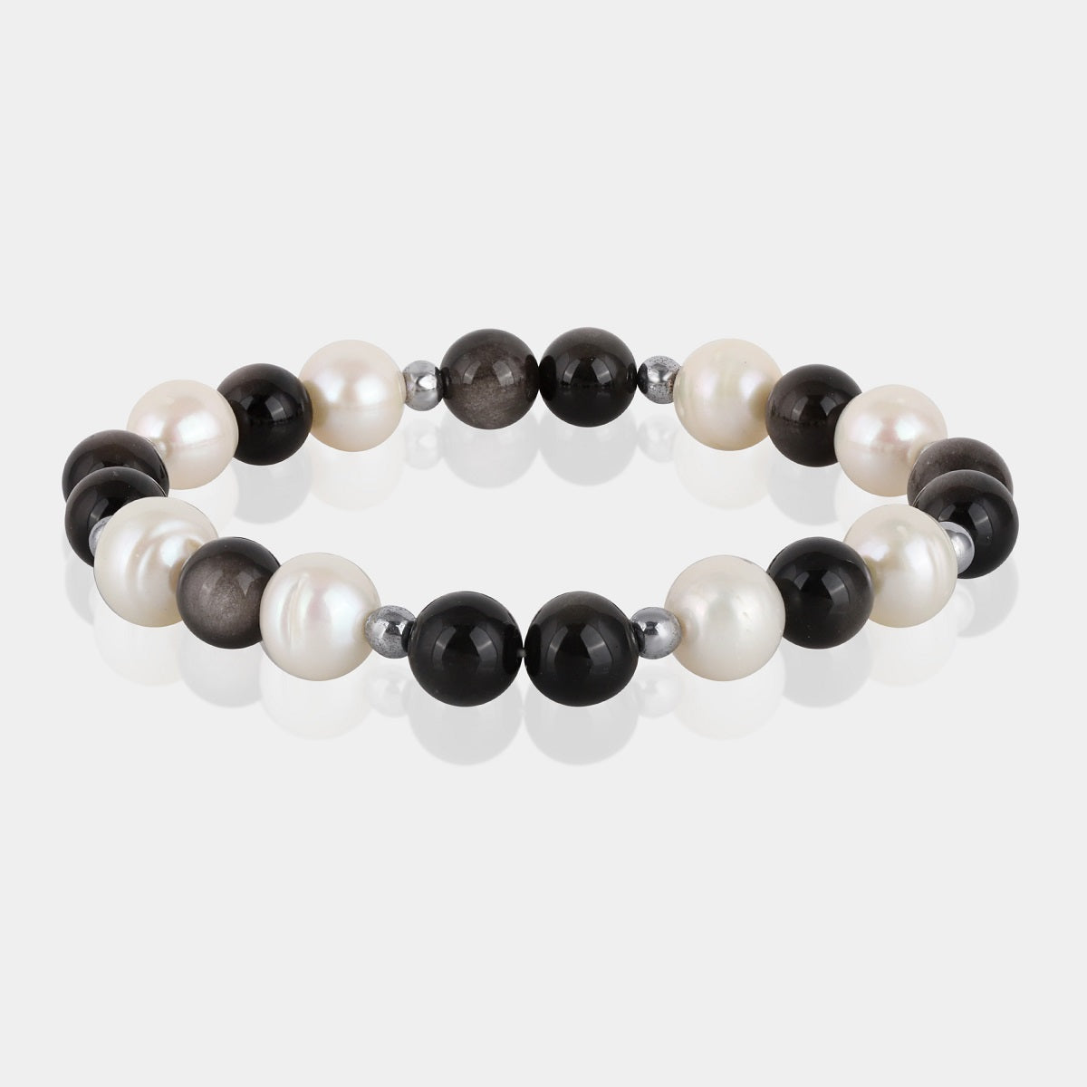 Handmade Gemstone Stretch Bracelet with Pearl, Obsidian, Hematite, White, Black, Gold, Comfort Fit