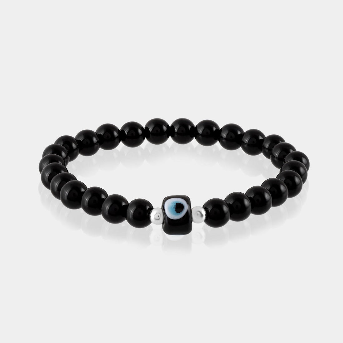 Black Onyx and Evil Eye Silver Stretch Bracelet