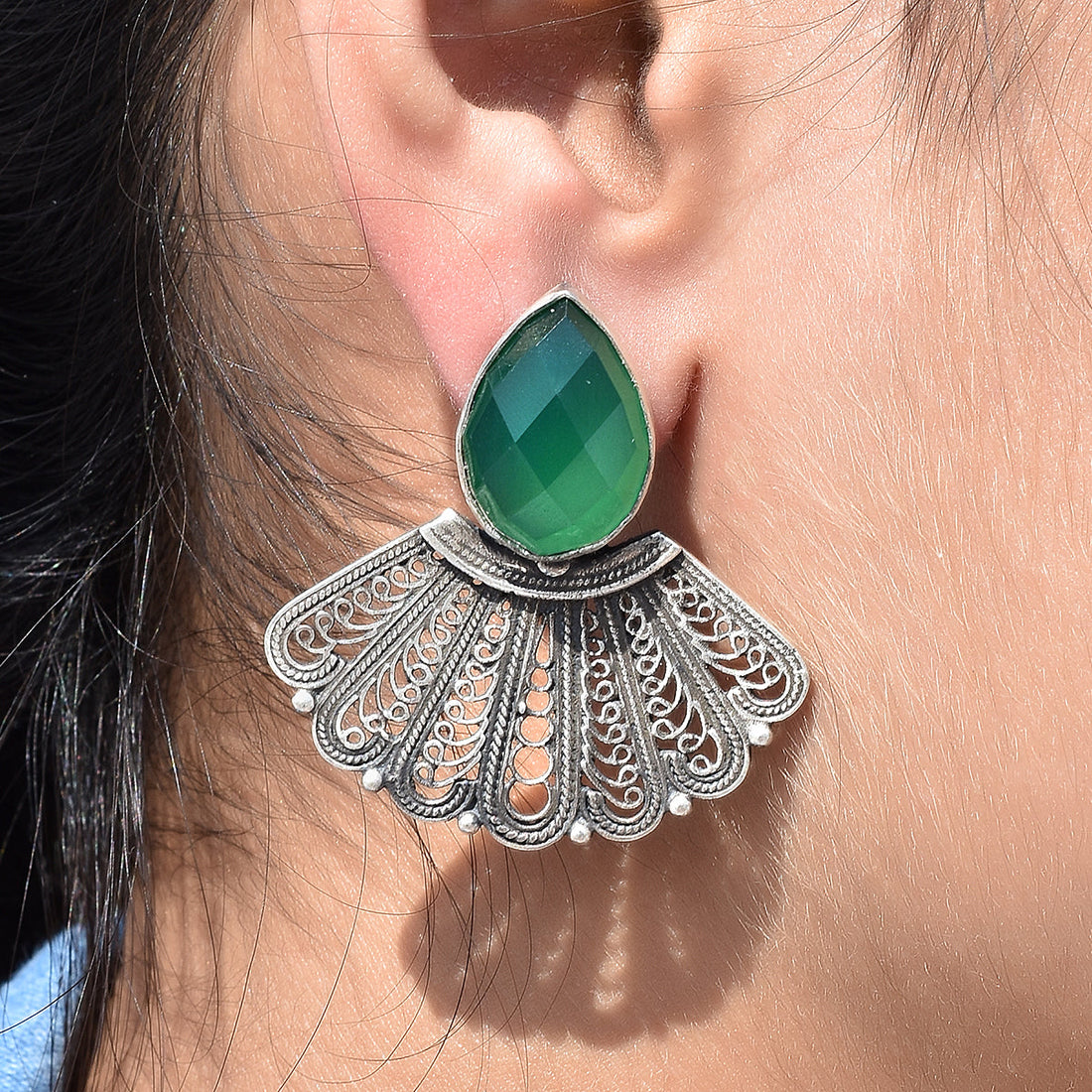 Green Onyx Filigree Stud Earrings