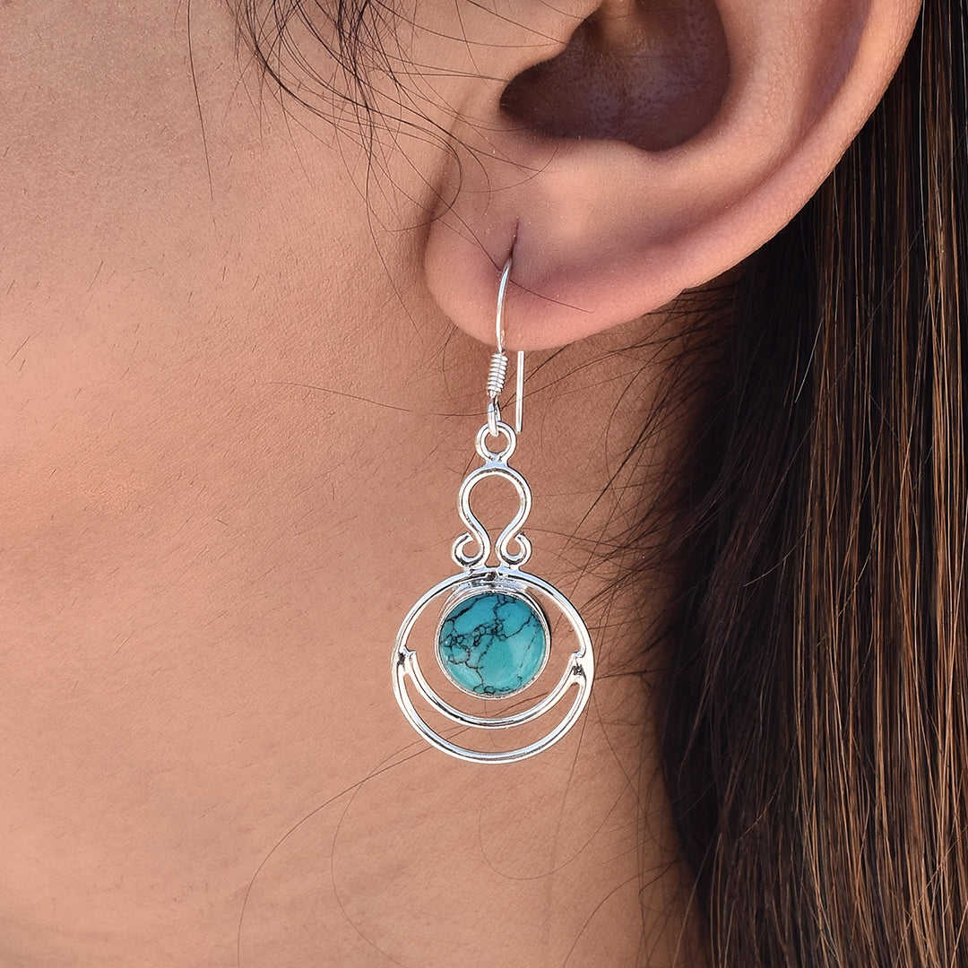 Turquoise Silver Smiley Dangle Earrings