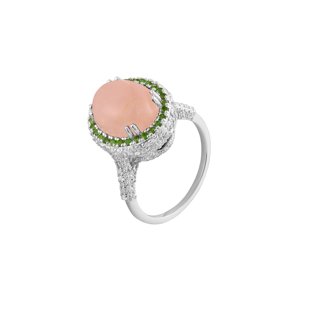 Rose Quartz Double Halo Silver Ring