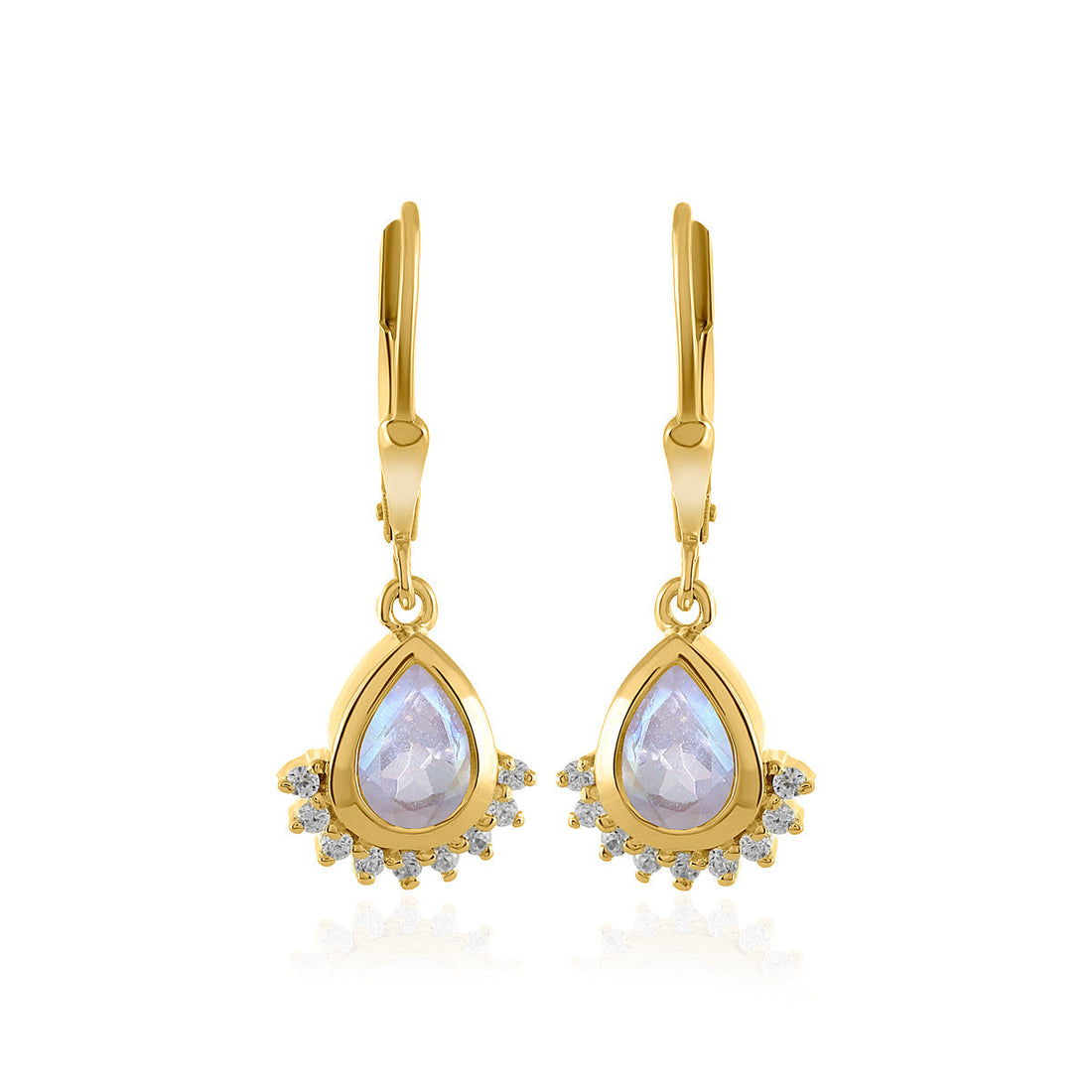 Rainbow Moonstone and Zircon Silver Dangle Earrings