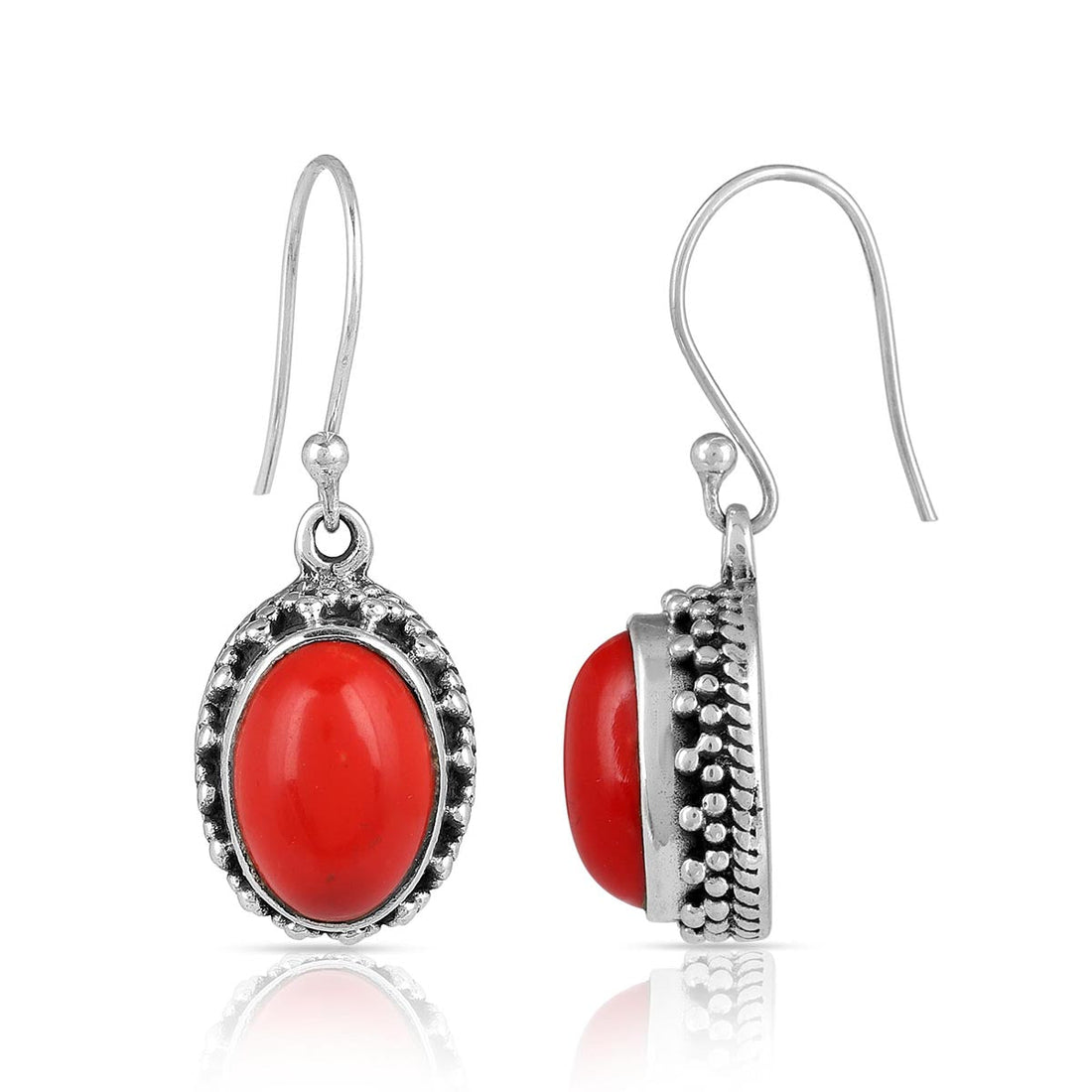 Coral Oval Silver Dangle Earrings