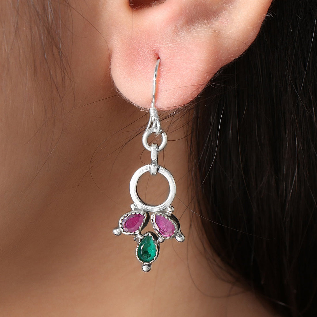 Garnet and Green Onyx Silver Handmade Earrings - Gemshiner 