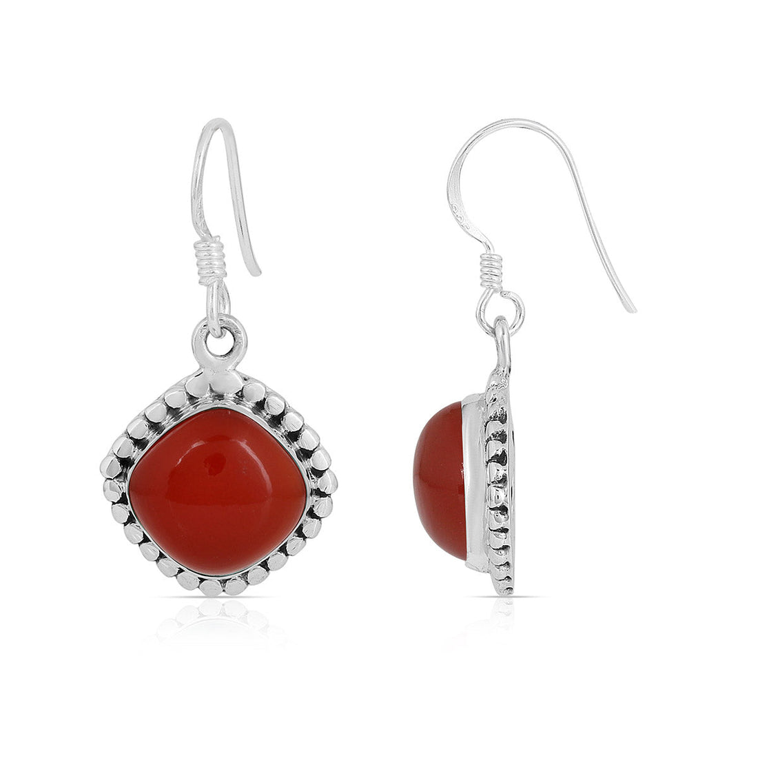Cushion Red Onyx Silver Dangle Earrings