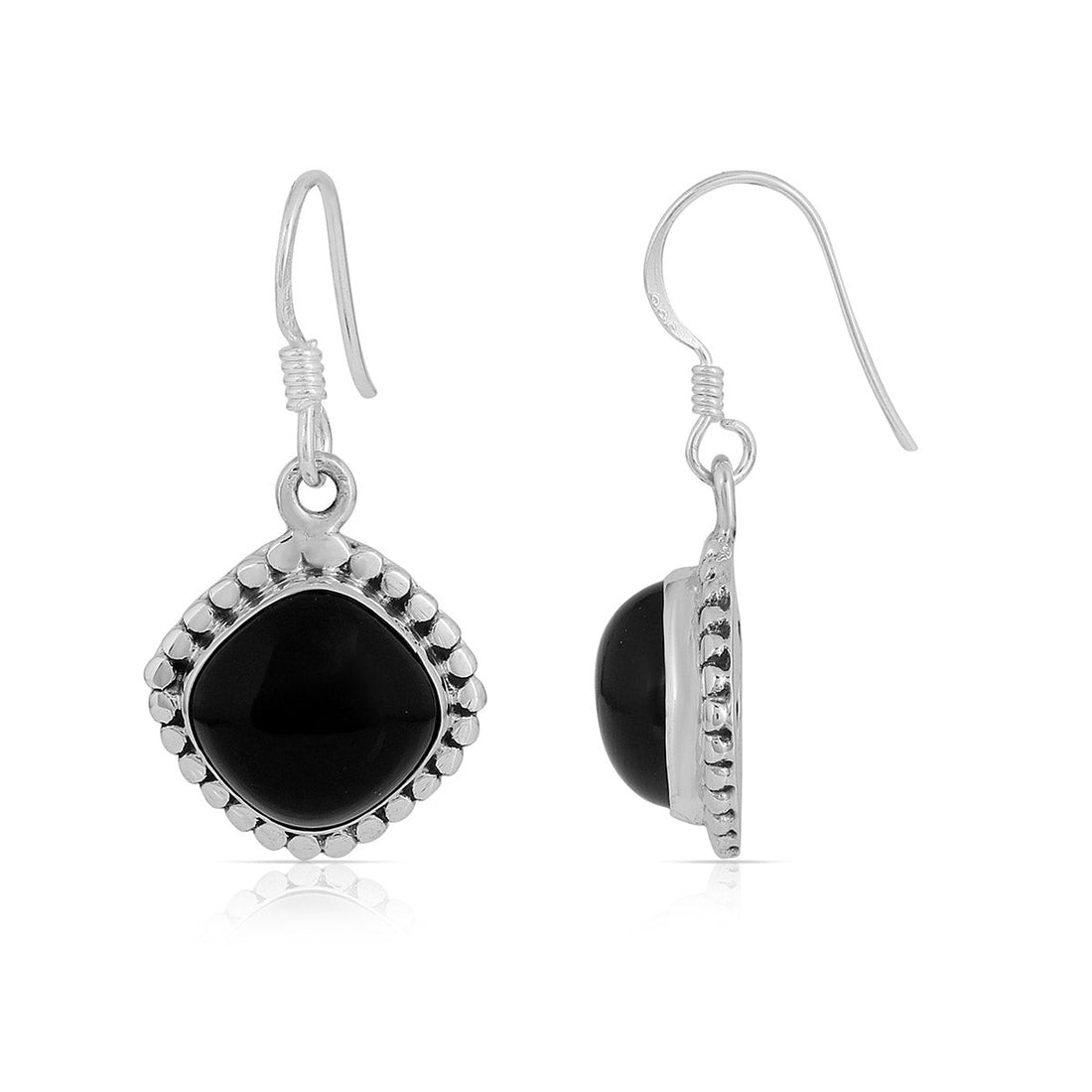 Cushion Black Onyx Silver Dangle Earrings