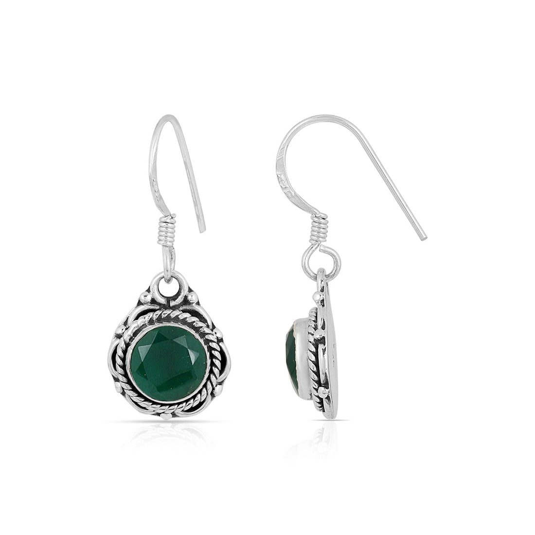 Green Onyx Round Silver Earrings