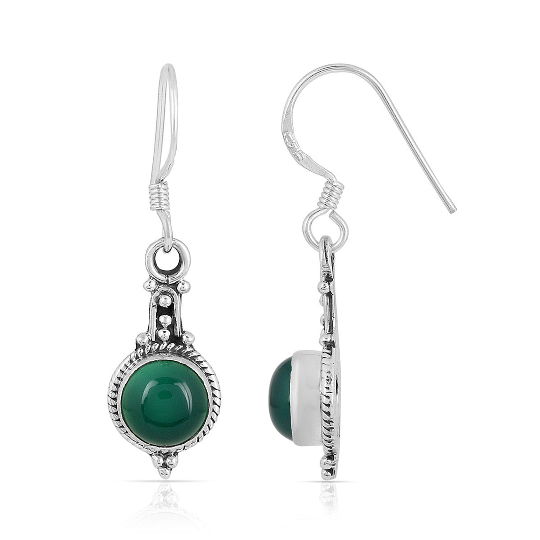 Green Onyx Silver Round Dangle Earrings