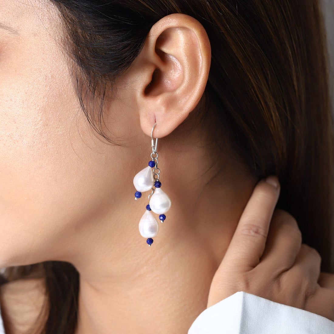 Pearl and Lapis Lazuli Silver Drop Dangle Earrings