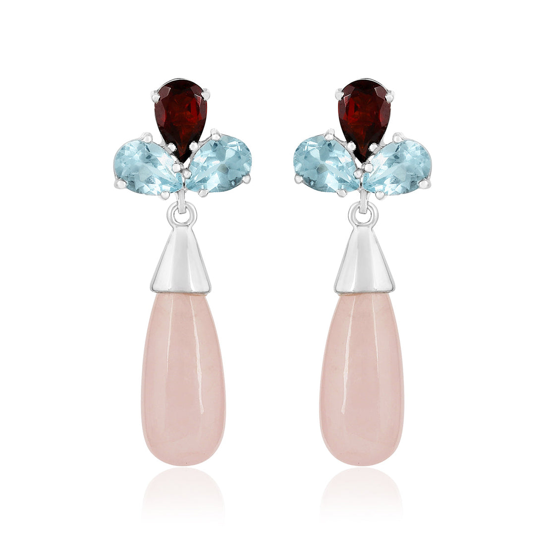 Rose Quartz, Blue Topaz and Garnet Drop Earrings