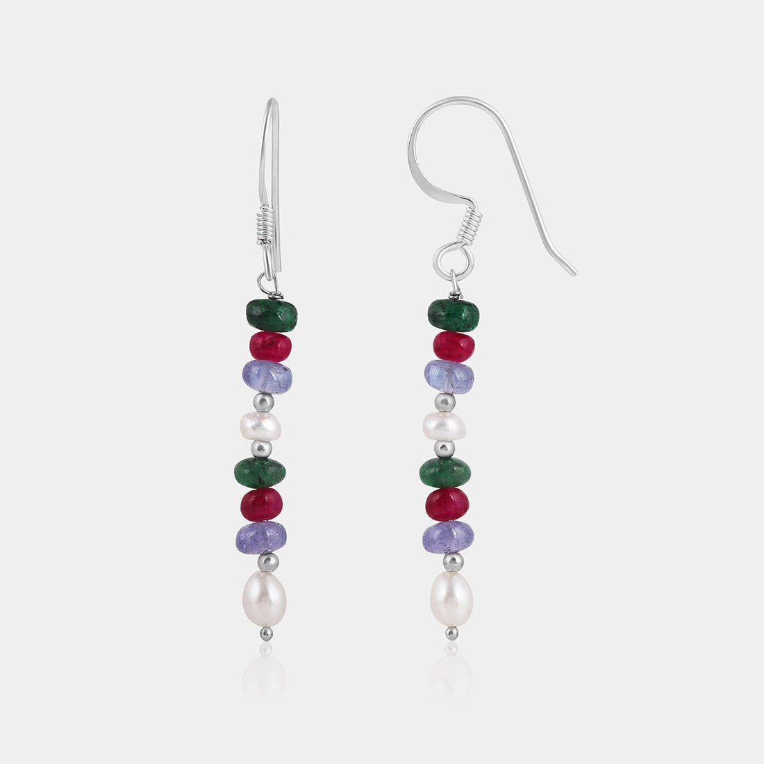 Emerald, Ruby, Tanzanite and Pearl Silver Dangle Earrings