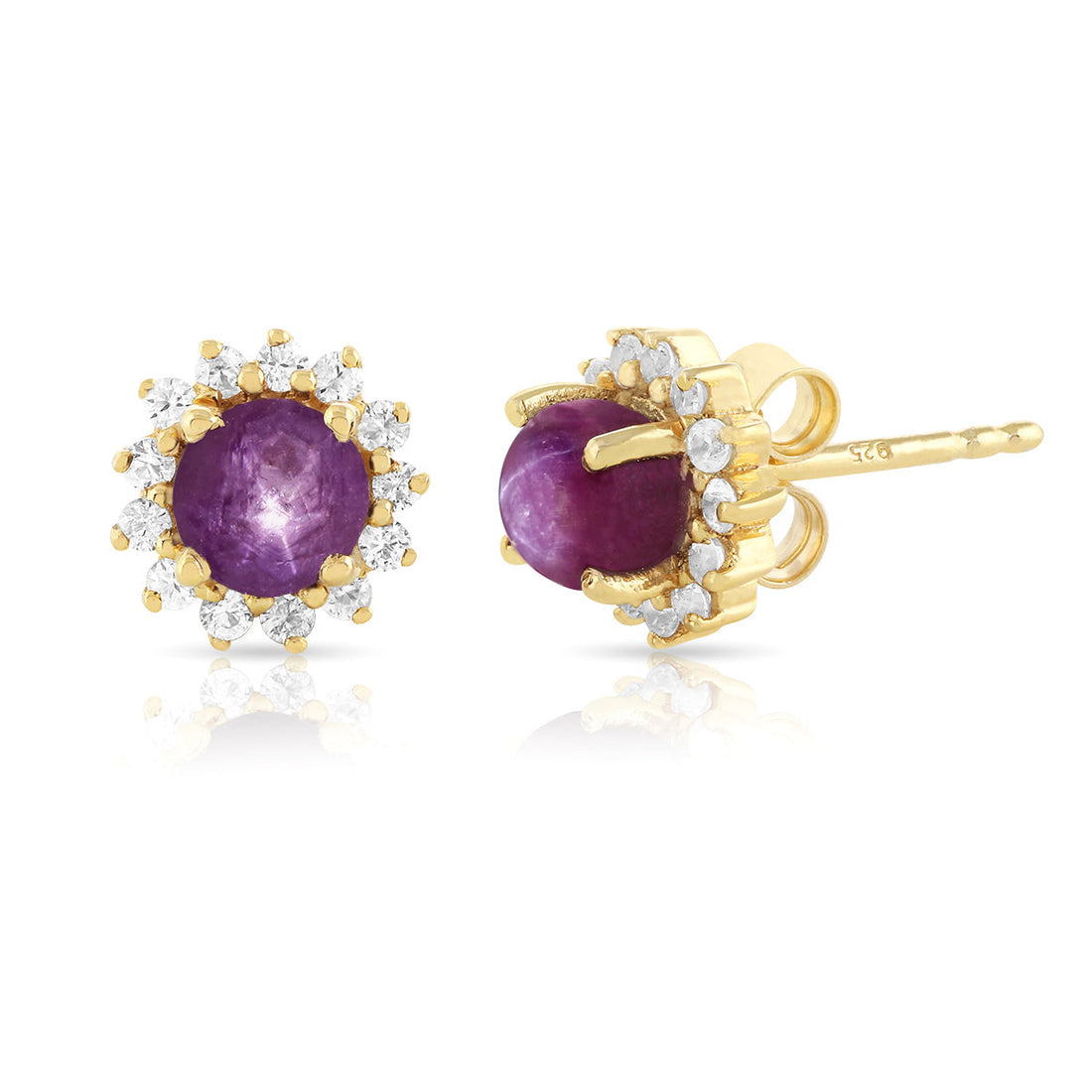 Purple Star Ruby and Zircon Silver Stud Earrings