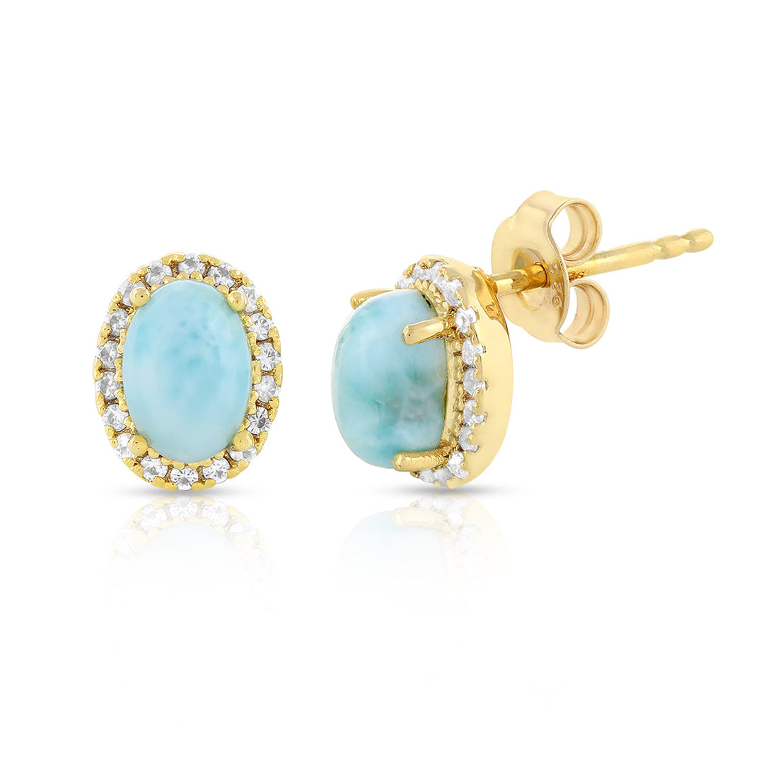 Larimar and Zircon Halo Silver Stud Earrings