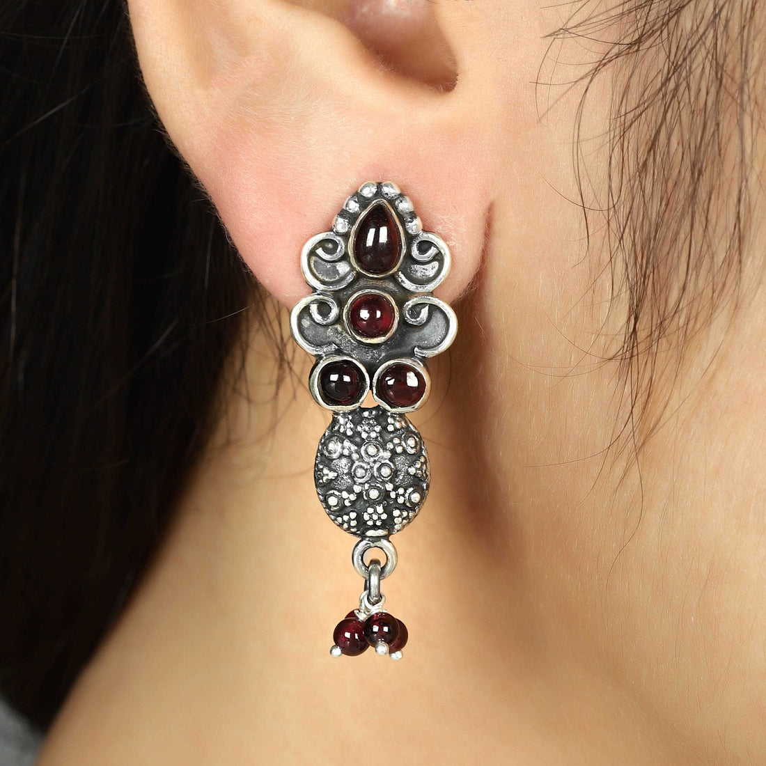 Garnet Stud Dangle Silver Earrings