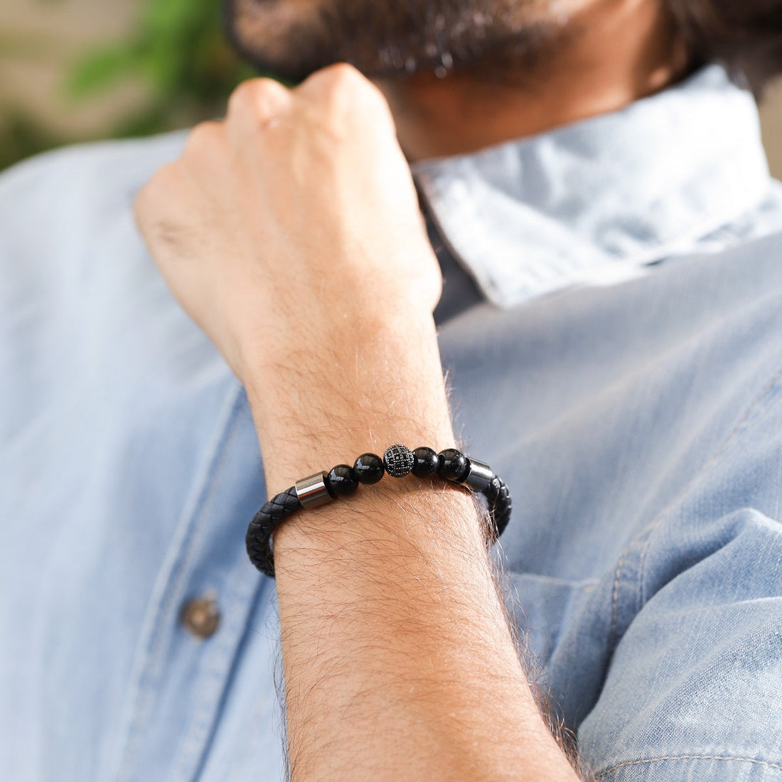 Black Onyx and Black Spinel Leather Bracelet with Magnetic Lock