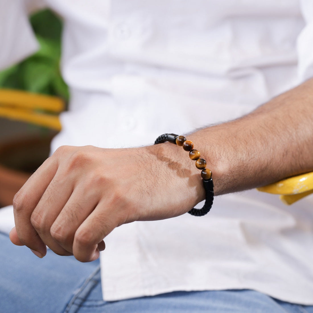  Tiger's Eye Beads Leather Bracelet with Magnetic Lock
