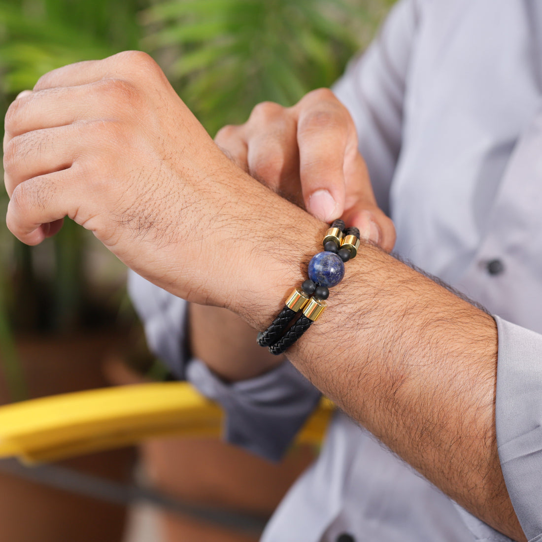 Lapis Lazuli Gold Bracelet with Double Layered Leather and Magnetic Lock
