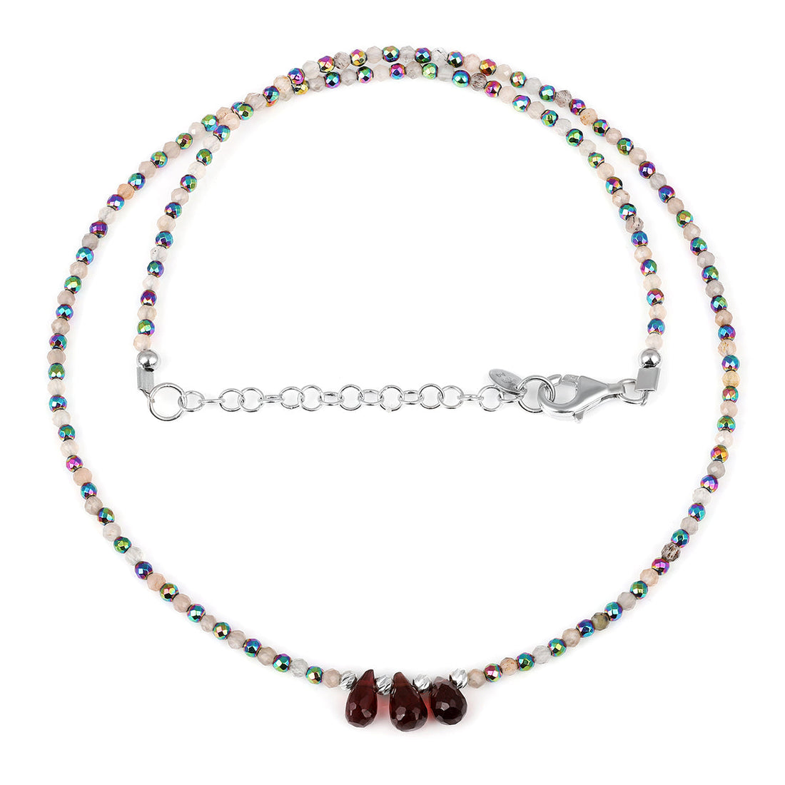 Moonstone, Hematite and Garnet Silver Necklace