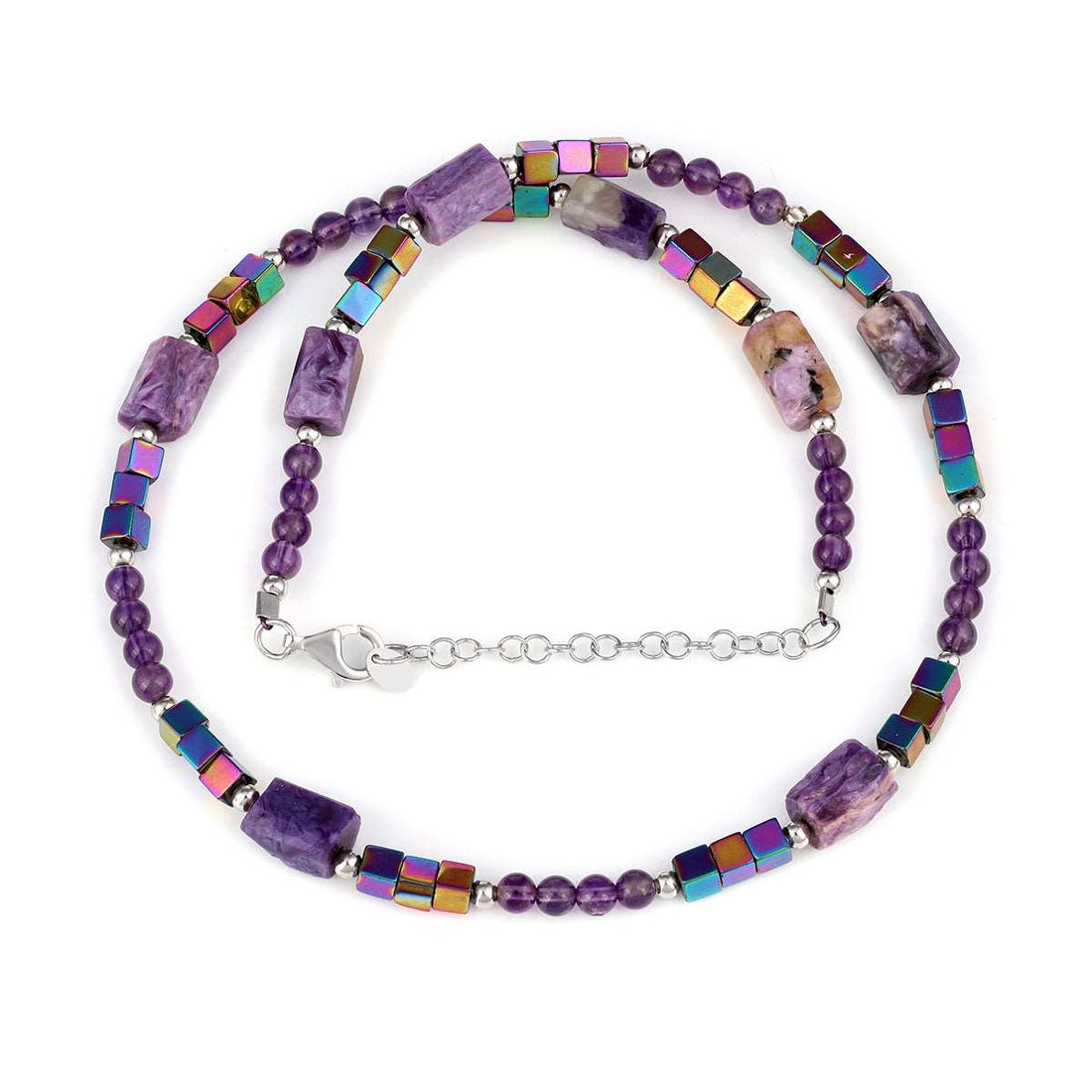 Amethyst, Charoite and Hematite Silver Necklace