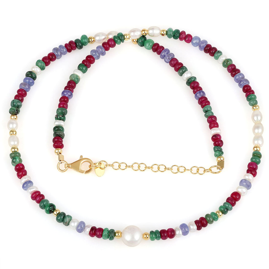 Emerald, Ruby, Tanzanite and Pearl Silver Necklace