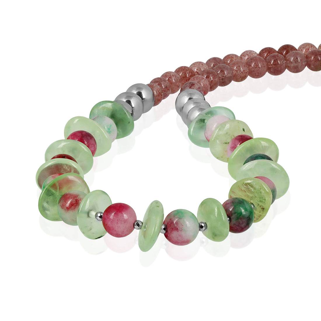 Prehnite, Hematite, and Strawberry Quartz Silver Necklace