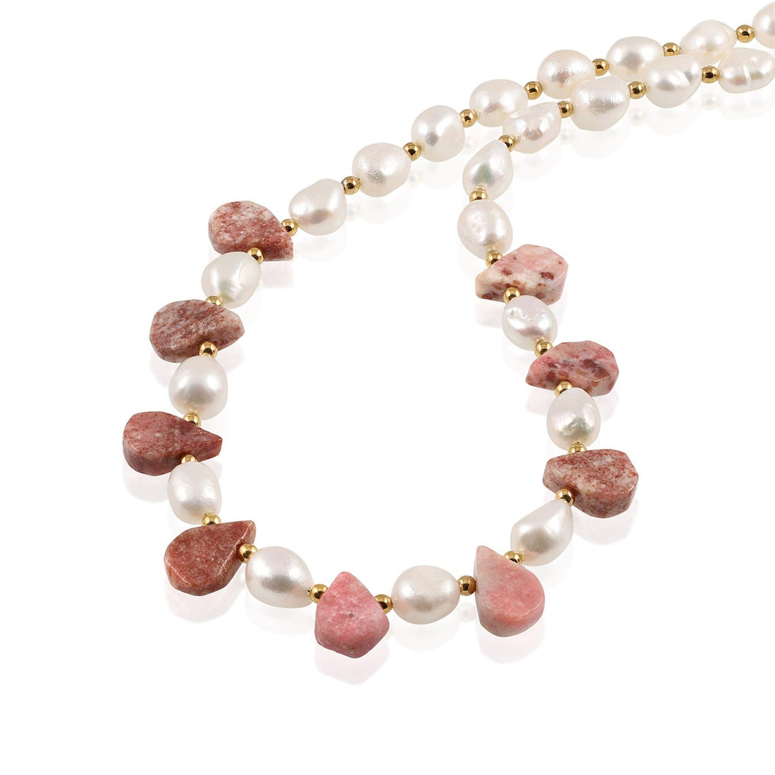 Pearl, Rhodochrosite and Hematite Silver Necklace