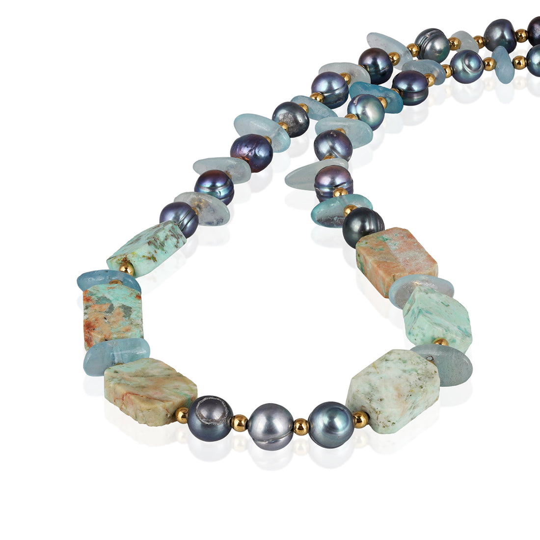 Aquamarine, Pearl and Turquoise Silver Necklace