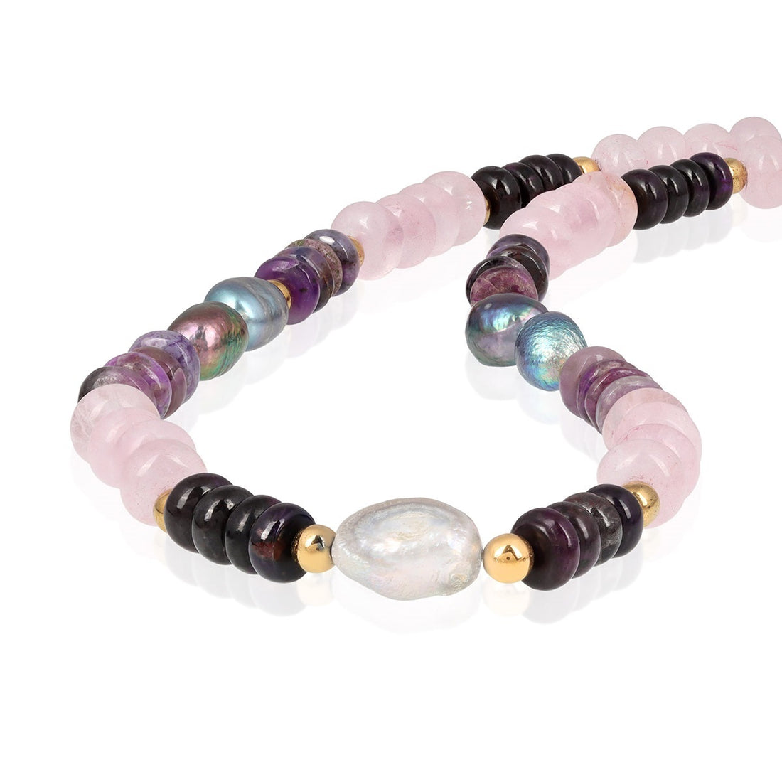 Rose Quartz, Sugilite and Pearl Silver Necklace