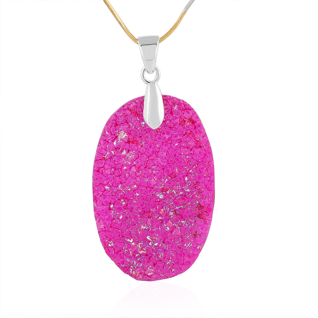 Pink Druzy Oval Cabochon Silver Pendant