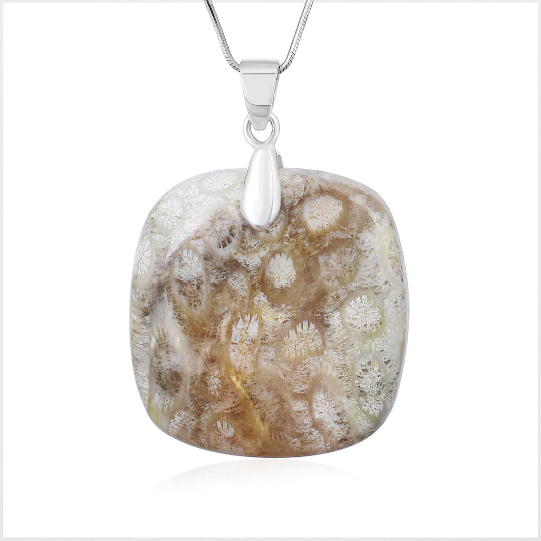 Fossil Coral Square Cabochon Silver Pendant