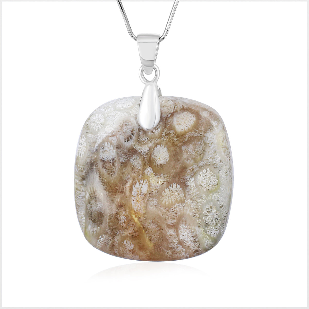 Fossil Coral Square Cabochon Silver Pendant