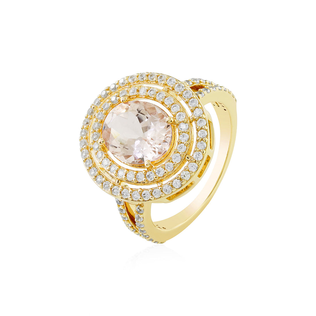 Morganite and Zircon Double Halo Silver Ring