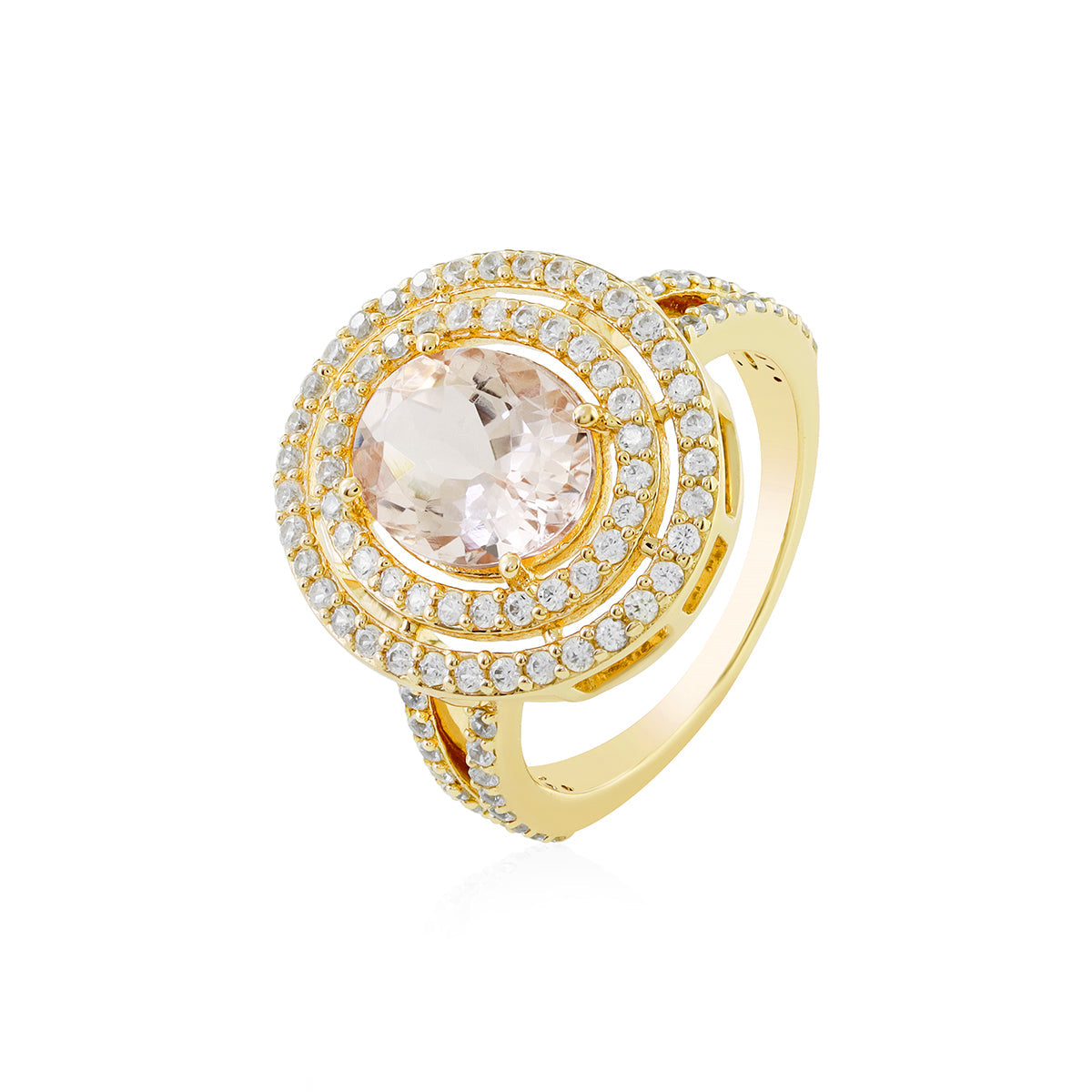 Morganite and Zircon Double Halo Silver Ring