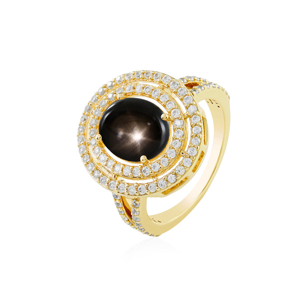 Black Star Sapphire and Zircon Double Halo Silver Ring