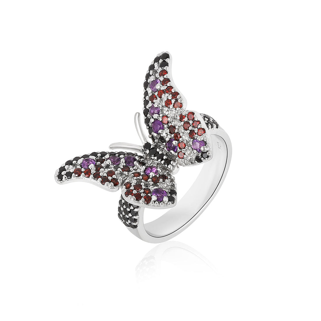 Black Spinel, Garnet and Amethyst Silver Butterfly Ring
